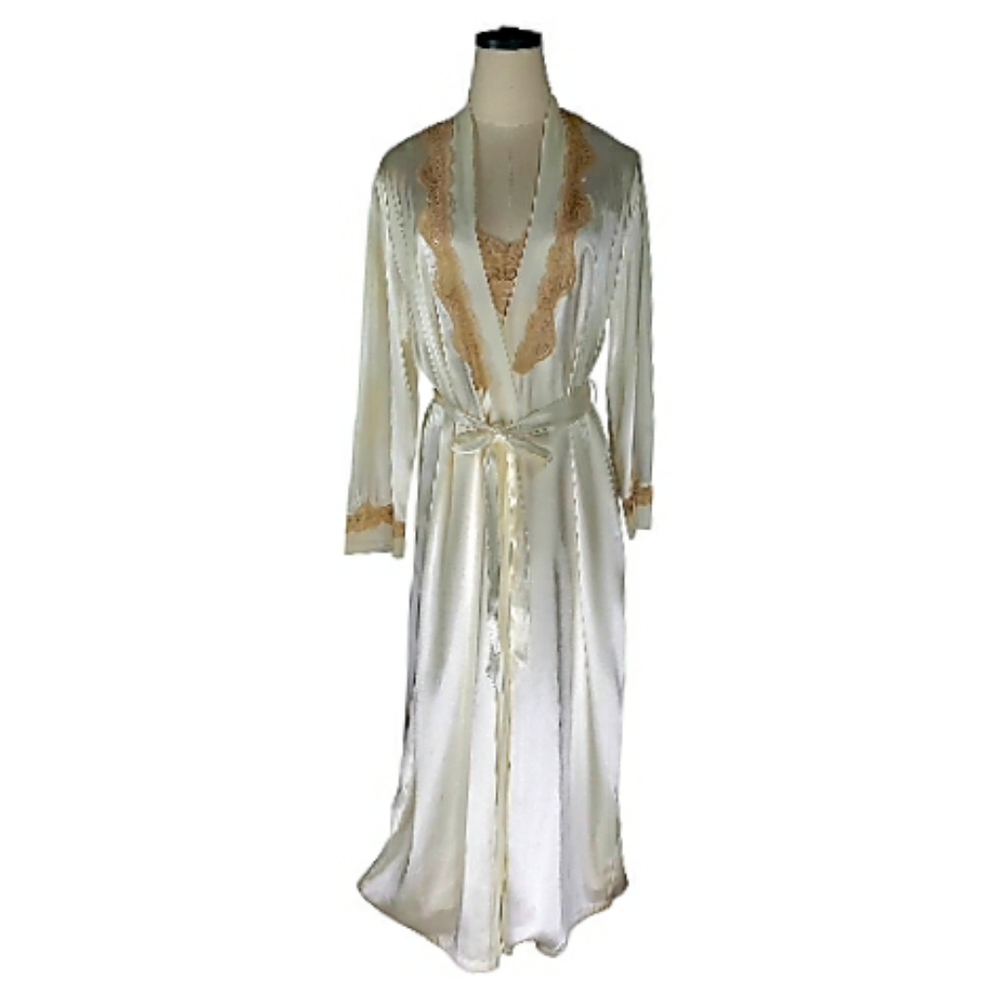 Satin White 2 Piece Peignoir Set M/L Robe Gown Lace Bridal Honeymoon Cocquette - Picture 9 of 14